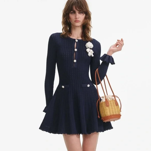 Self-Portrait NWOT NAVY POINTELLE KNIT CROCHET FLOWER MINI DRESS - Picture 1 of 6